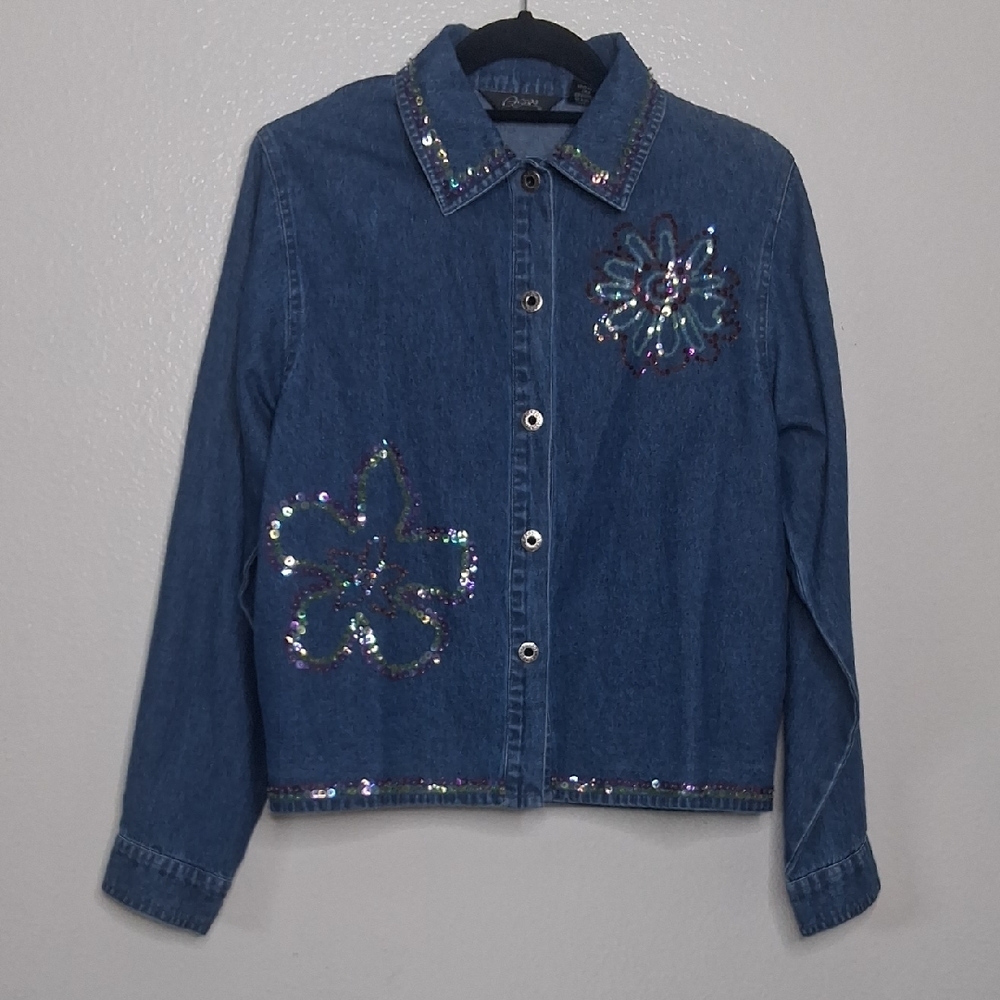 Vintage Agapo Floral Sequin Beads Denim Shirt Boho Festival Artsy Retro 90's PM